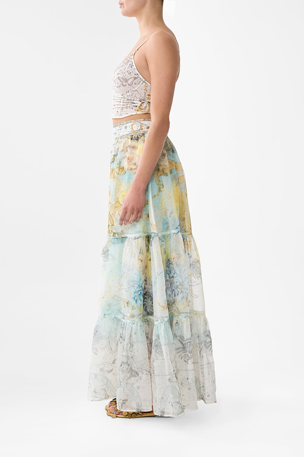 The CAMILLA SHAPED WAISTBAND DRESS WITH GATHERED SLEEVES PALATIAL PASTELS in our  print.