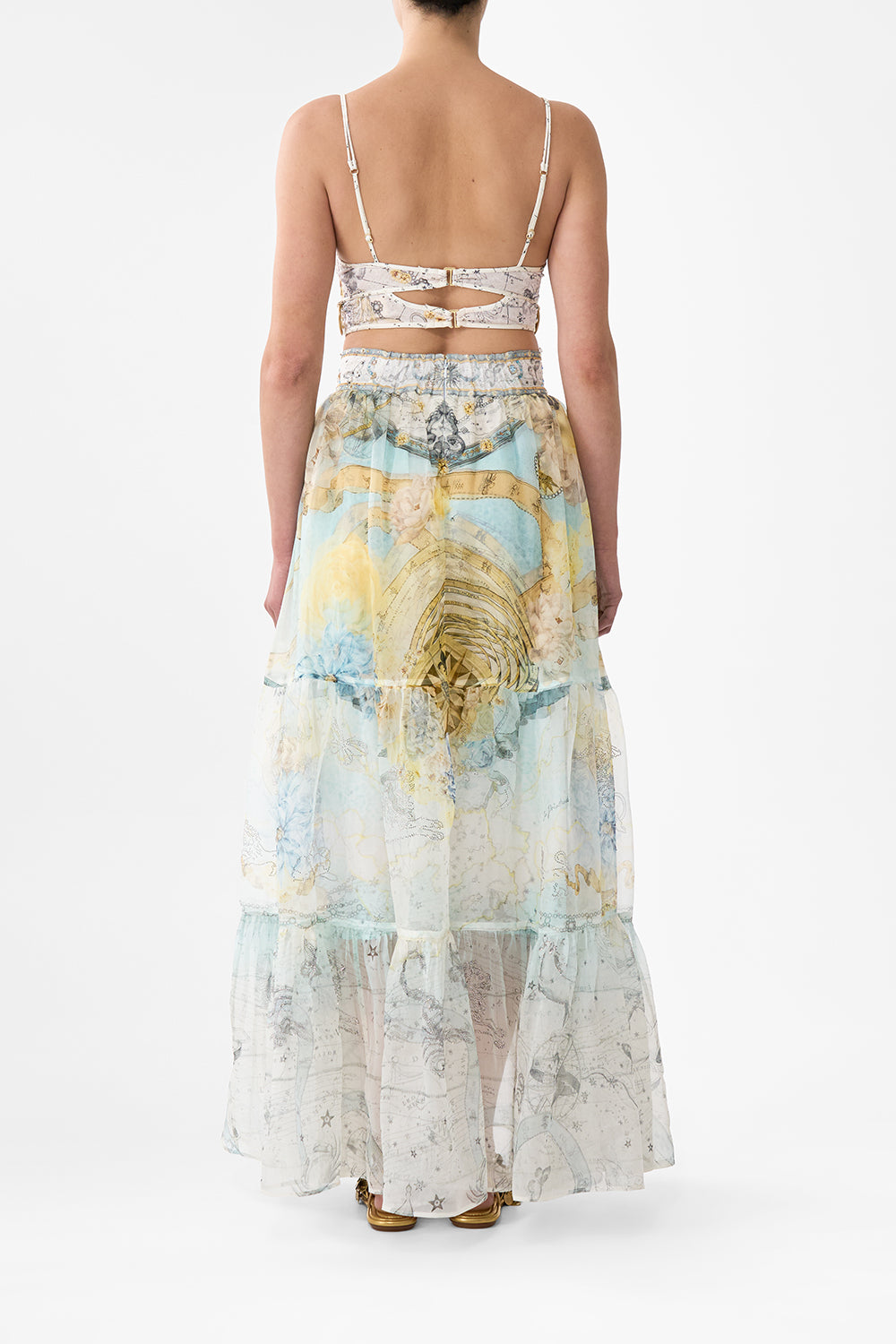 The CAMILLA SHAPED WAISTBAND DRESS WITH GATHERED SLEEVES PALATIAL PASTELS in our  print.