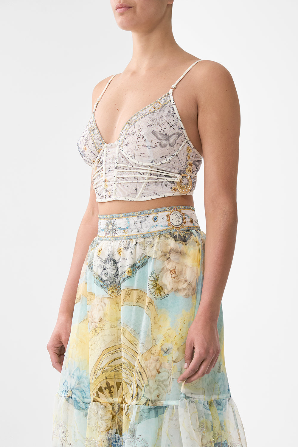 The CAMILLA SHAPED WAISTBAND DRESS WITH GATHERED SLEEVES PALATIAL PASTELS in our  print.