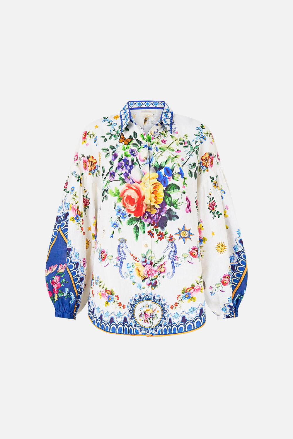 The CAMILLA Balloon Sleeve Shirt Blouse in our Tiles Darls print.