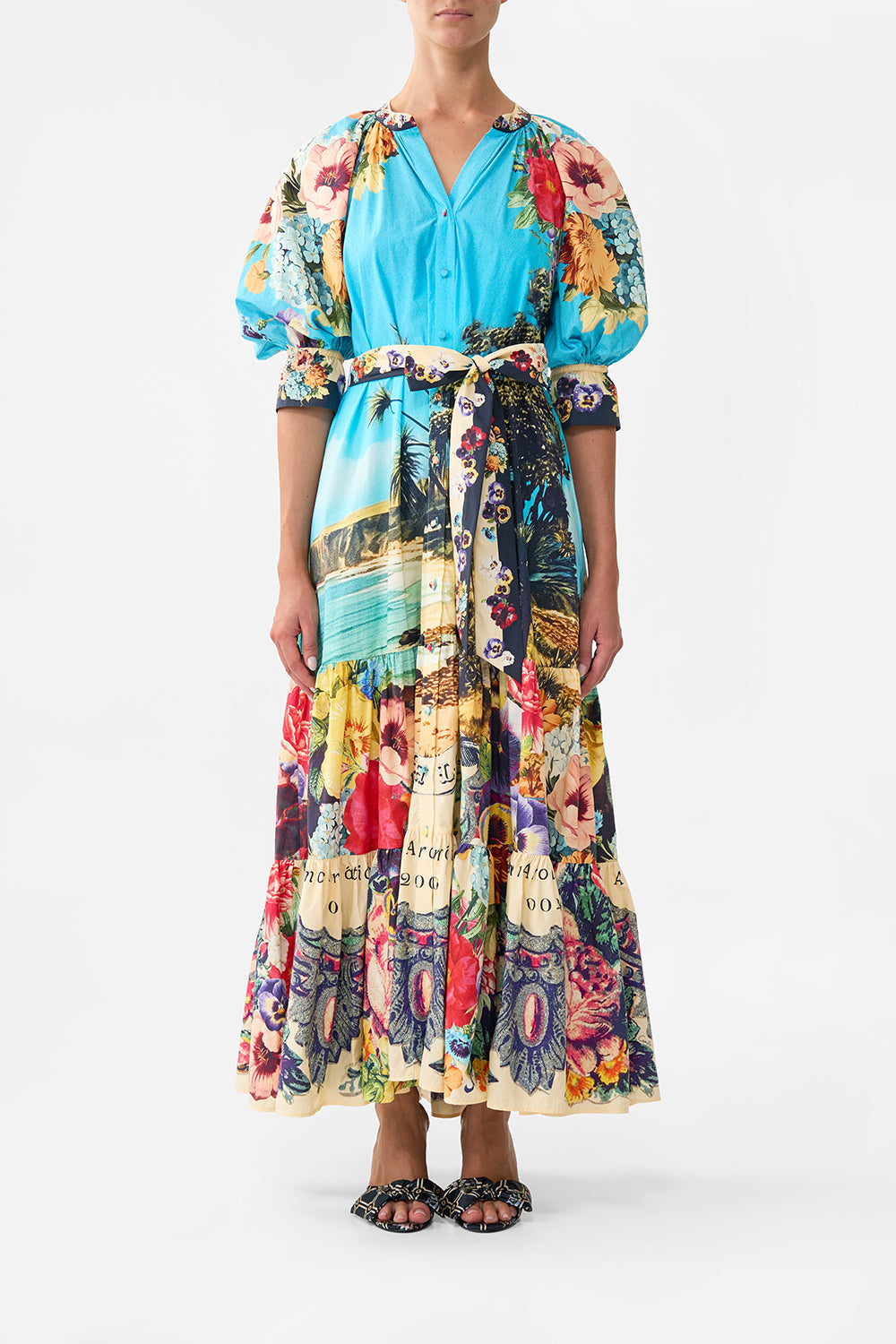 The CAMILLA Tiered Shirt Dress With Short Sleeve in our Bathing Bombshell print.