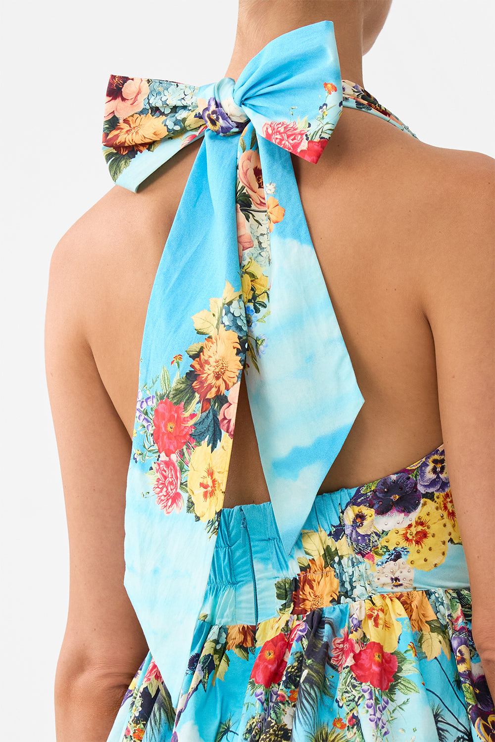 The CAMILLA LACE SPLICE BIAS LONG DRESS DRESSING ROOM DRAMA in our  print.