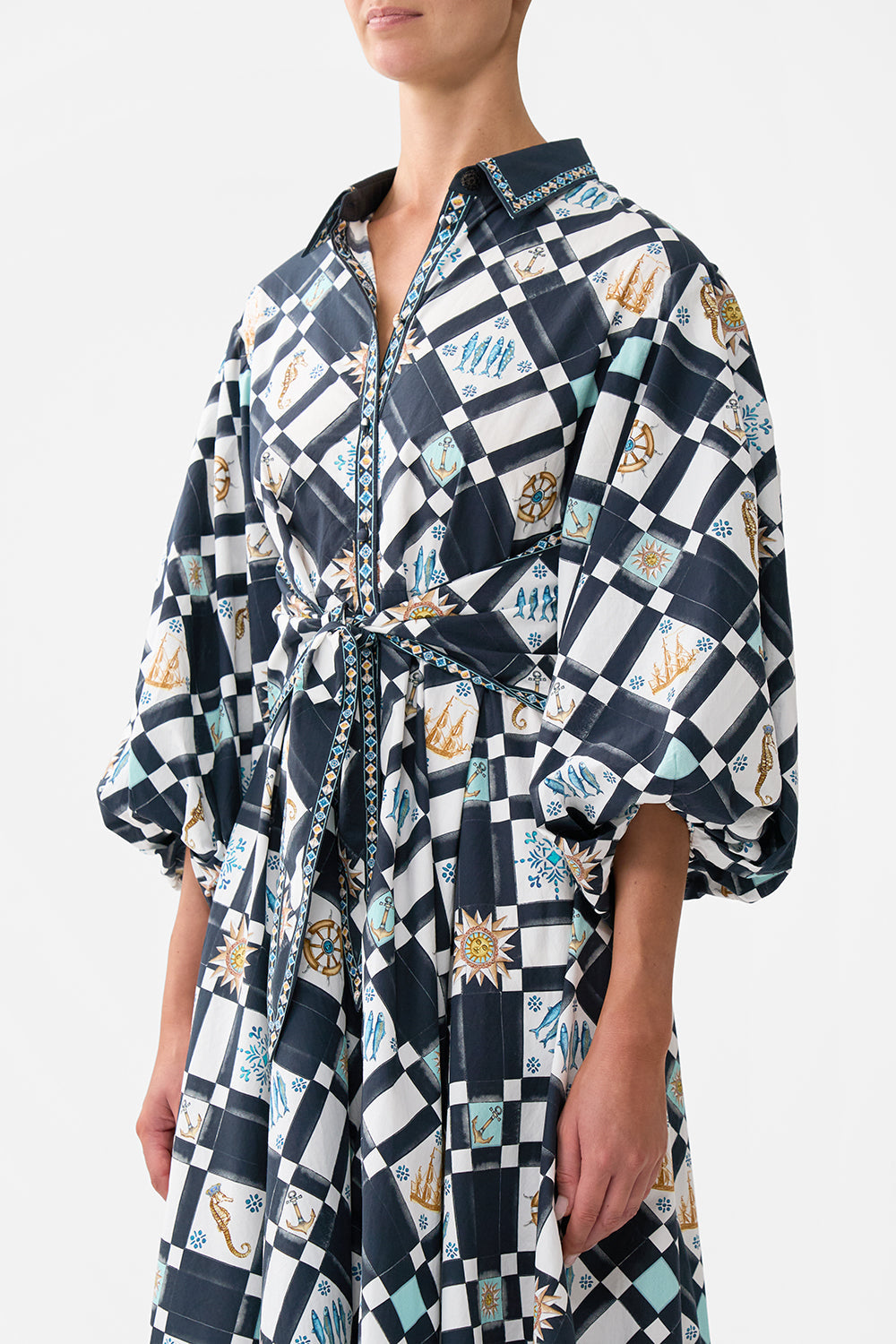 The CAMILLA Waist Tie Shirt Dress With Bubble Sleeve in our Folk Afloat print.