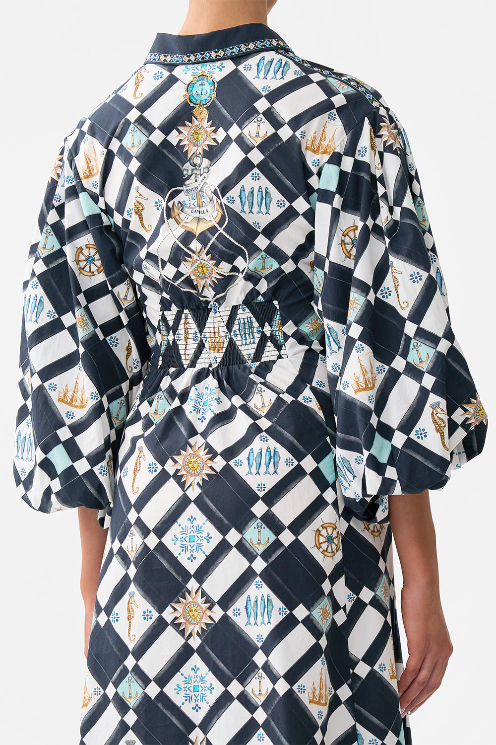 The CAMILLA Waist Tie Shirt Dress With Bubble Sleeve in our Folk Afloat print.