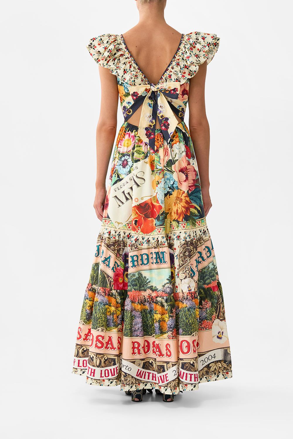 The CAMILLA Tiered Dress With Neck Frill in our Aromatic Amor print.