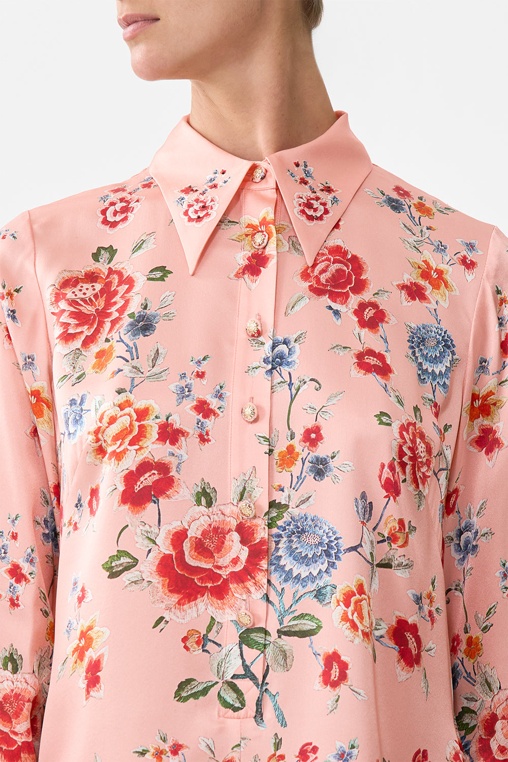 The CAMILLA Mini Shirt Dress With Feathers in our Majestic Milla print.