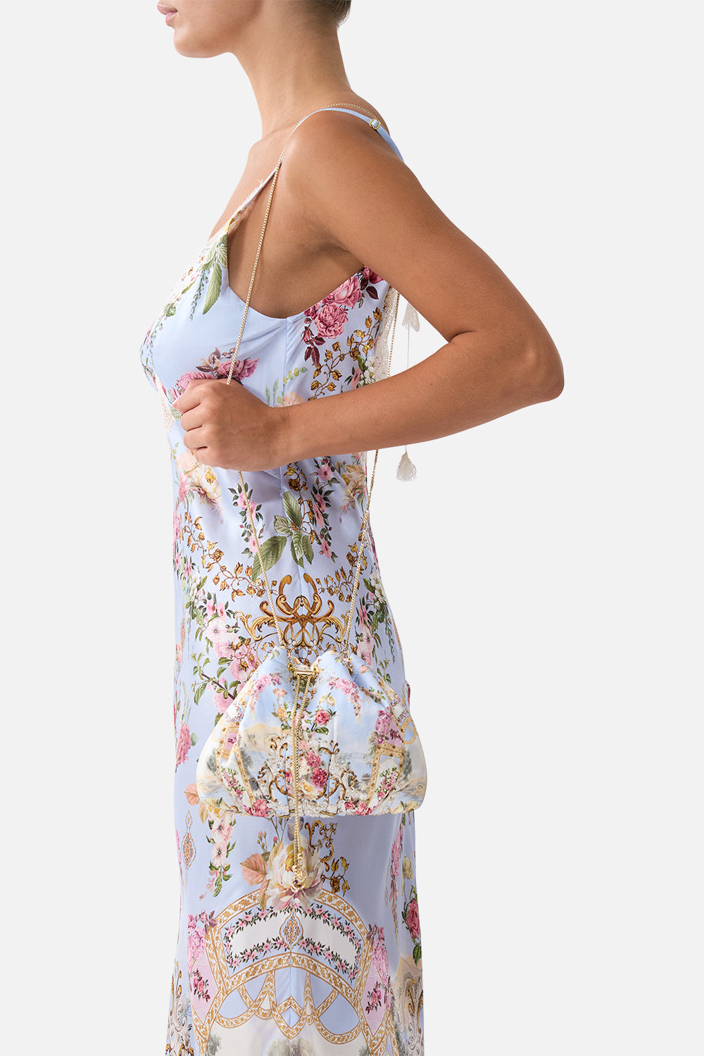 DRAWSTRING POUCH BAG WITH CHAIN STRAP TILED IN TIME