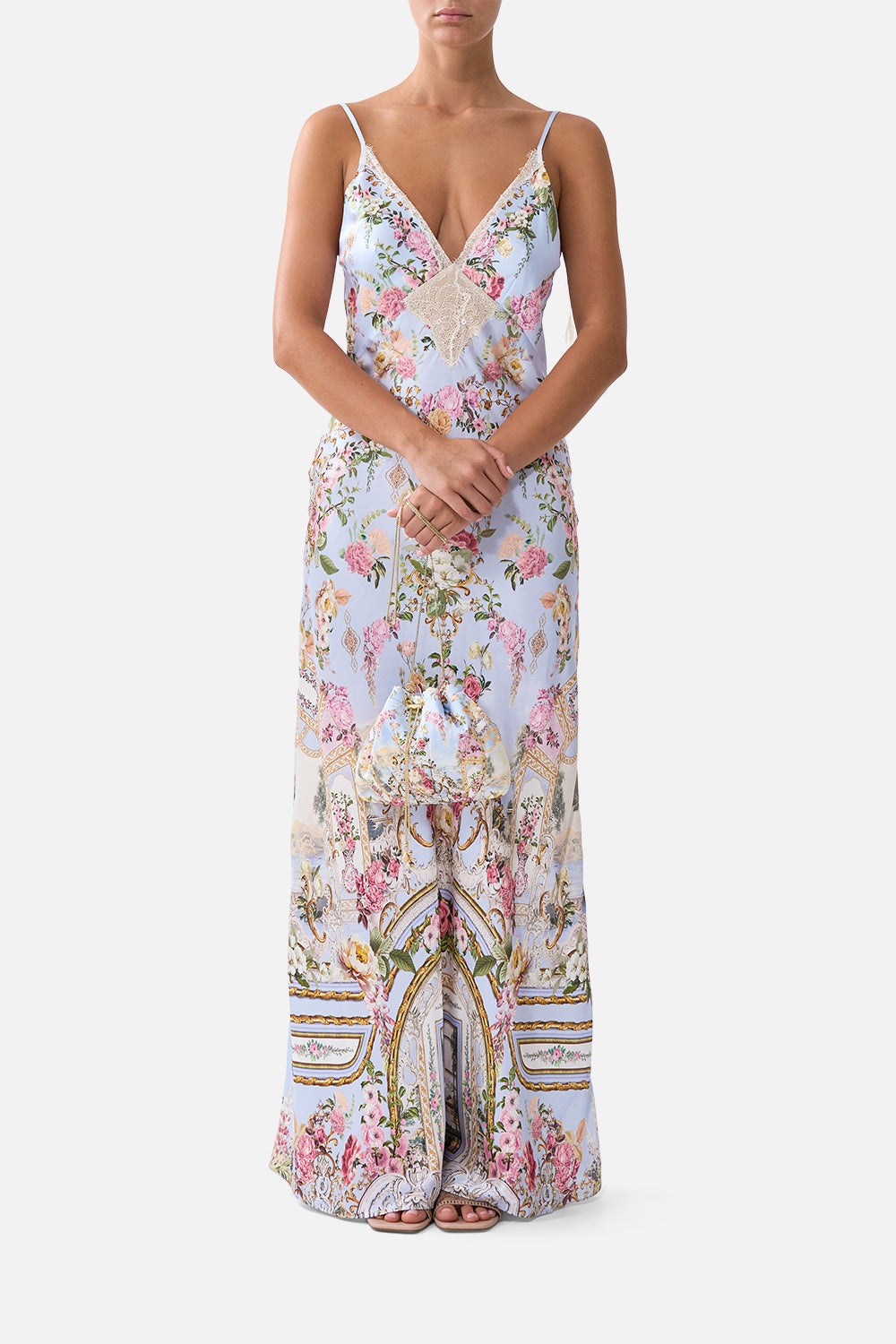 DRAWSTRING POUCH BAG WITH CHAIN STRAP TILED IN TIME