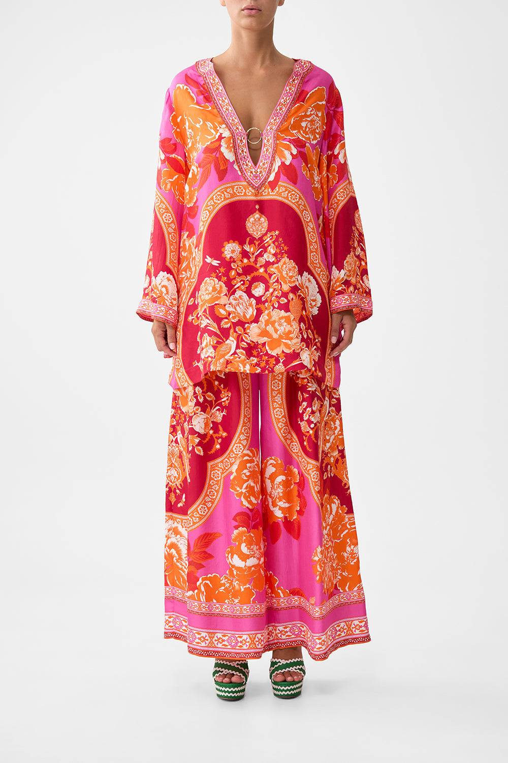 The CAMILLA FLARED SLEEVE DRESS BAZAAR BLOOMS in our  print.