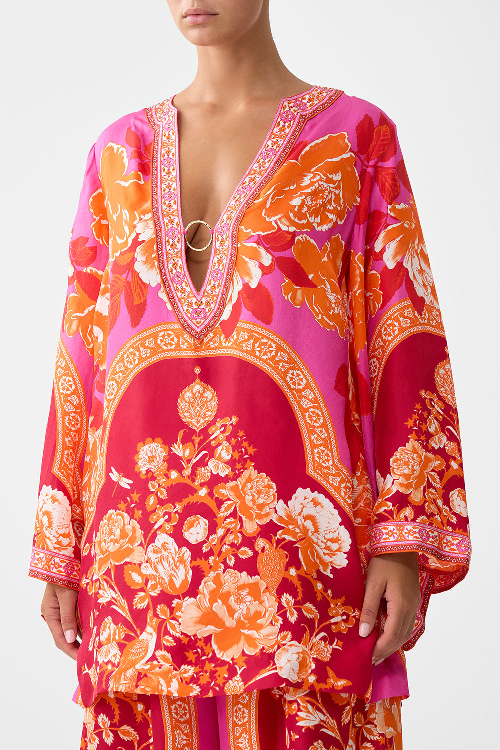 The CAMILLA FLARED SLEEVE DRESS BAZAAR BLOOMS in our  print.