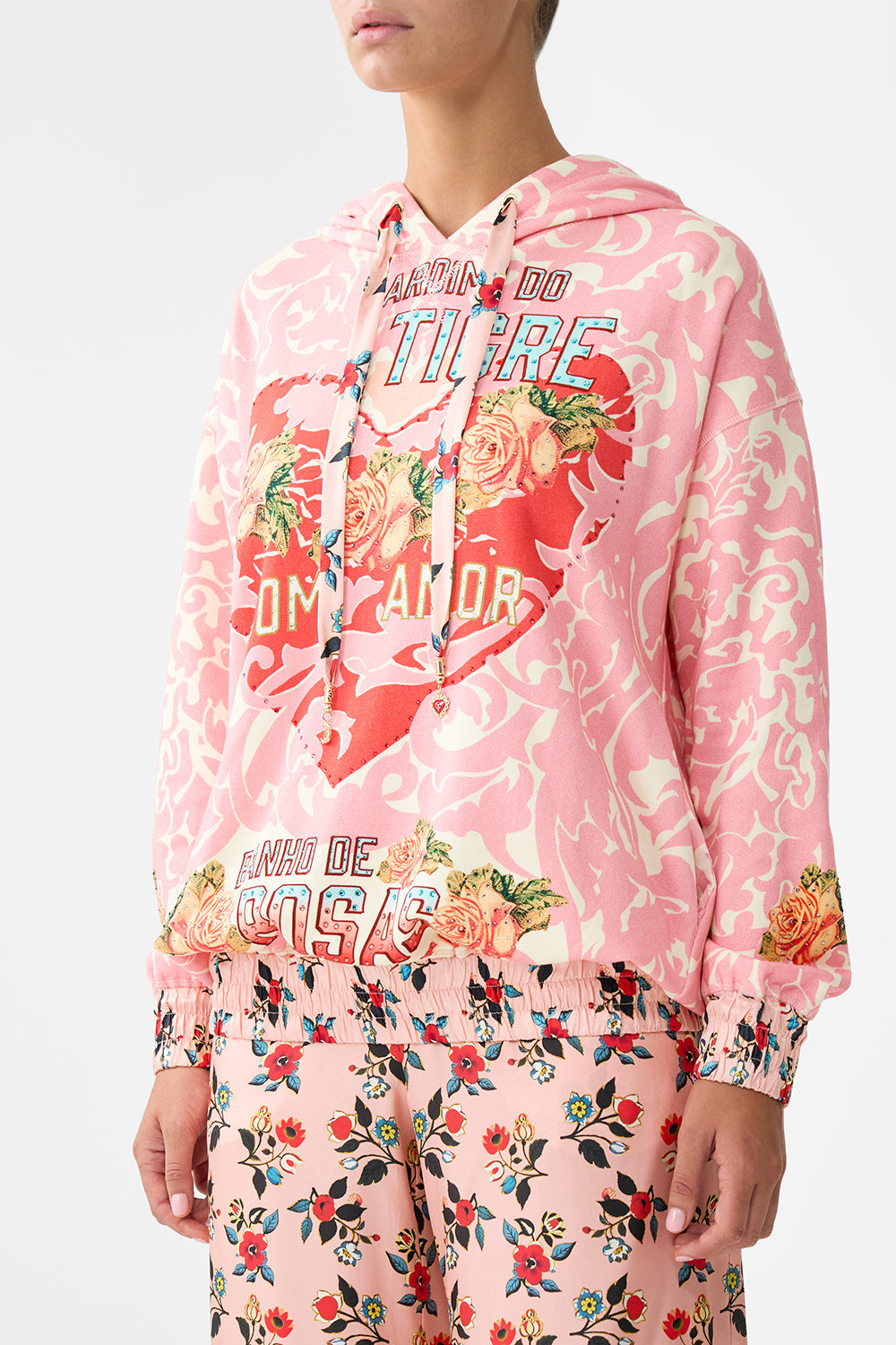 The CAMILLA Silk Band Oversized Hoodie With Pockets in our Pink Porto print.