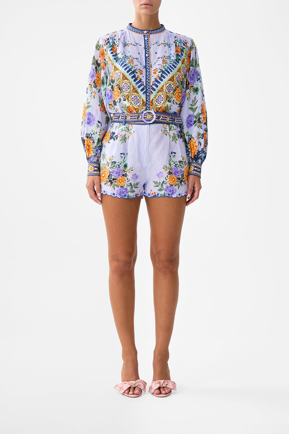 The CAMILLA SILK SPLICED KNIT SHIRT EGYPTIAN ROSE in our  print.