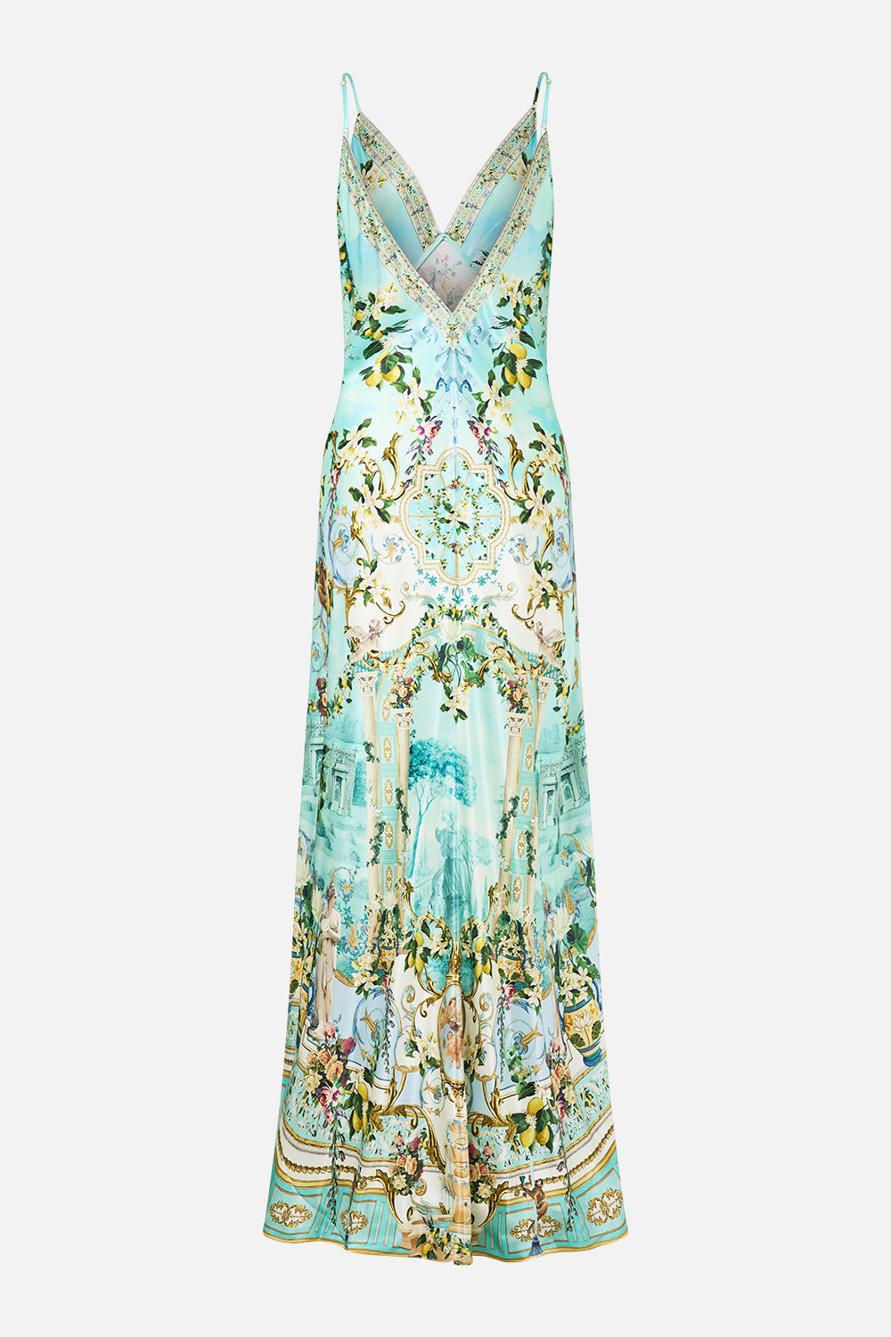 V NECK LONG BIAS SLIP DRESS WITH TRAIN VENUS ON A VESPA