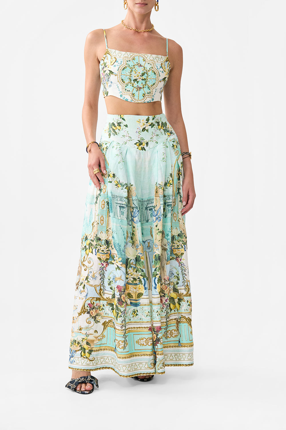 The CAMILLA WAISTED DRESS WITH HEM RUFFLE AROMATIC TIGER FLOWER in our AROMATIC TIGER FLOWER print.