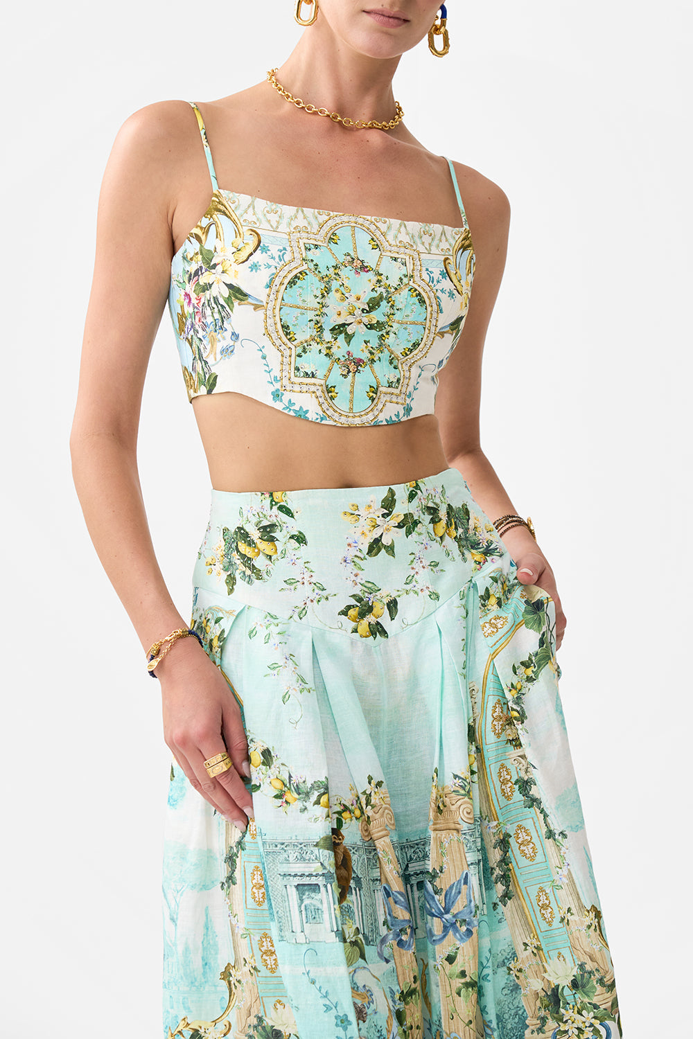 The CAMILLA WAISTED DRESS WITH HEM RUFFLE AROMATIC TIGER FLOWER in our  print.