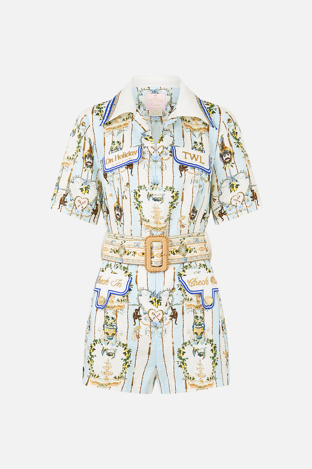 The CAMILLA OFF SHOULDER SHORT DRESS TILES DARLS in our  print.
