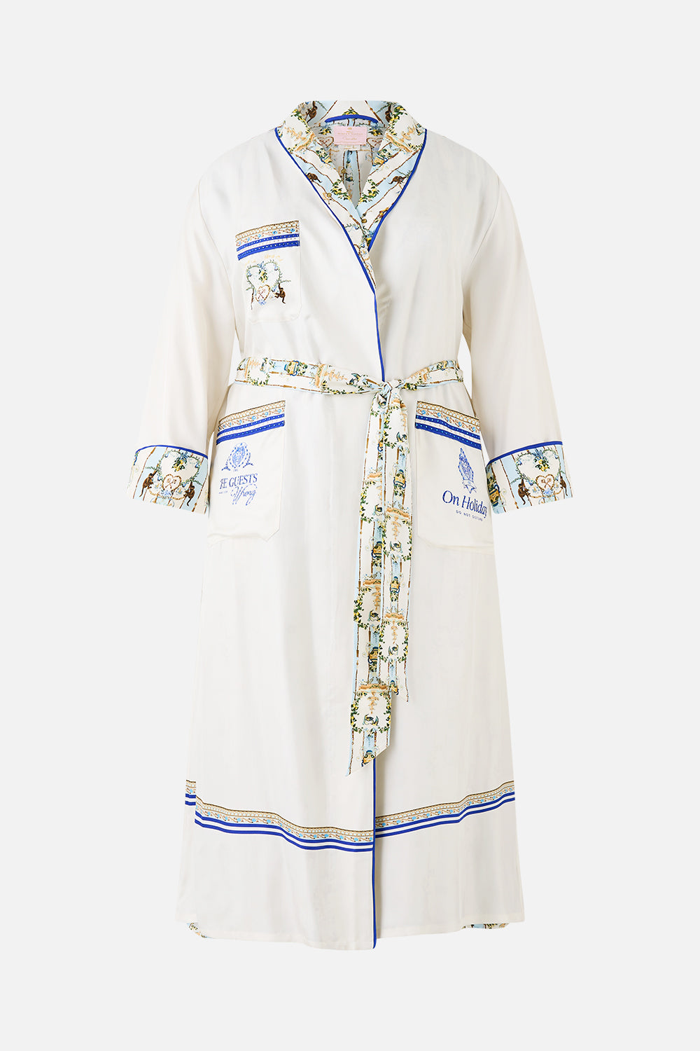 The CAMILLA TIE SLEEVE SHORT V NECK KAFTAN JUST COASTING in our  print.