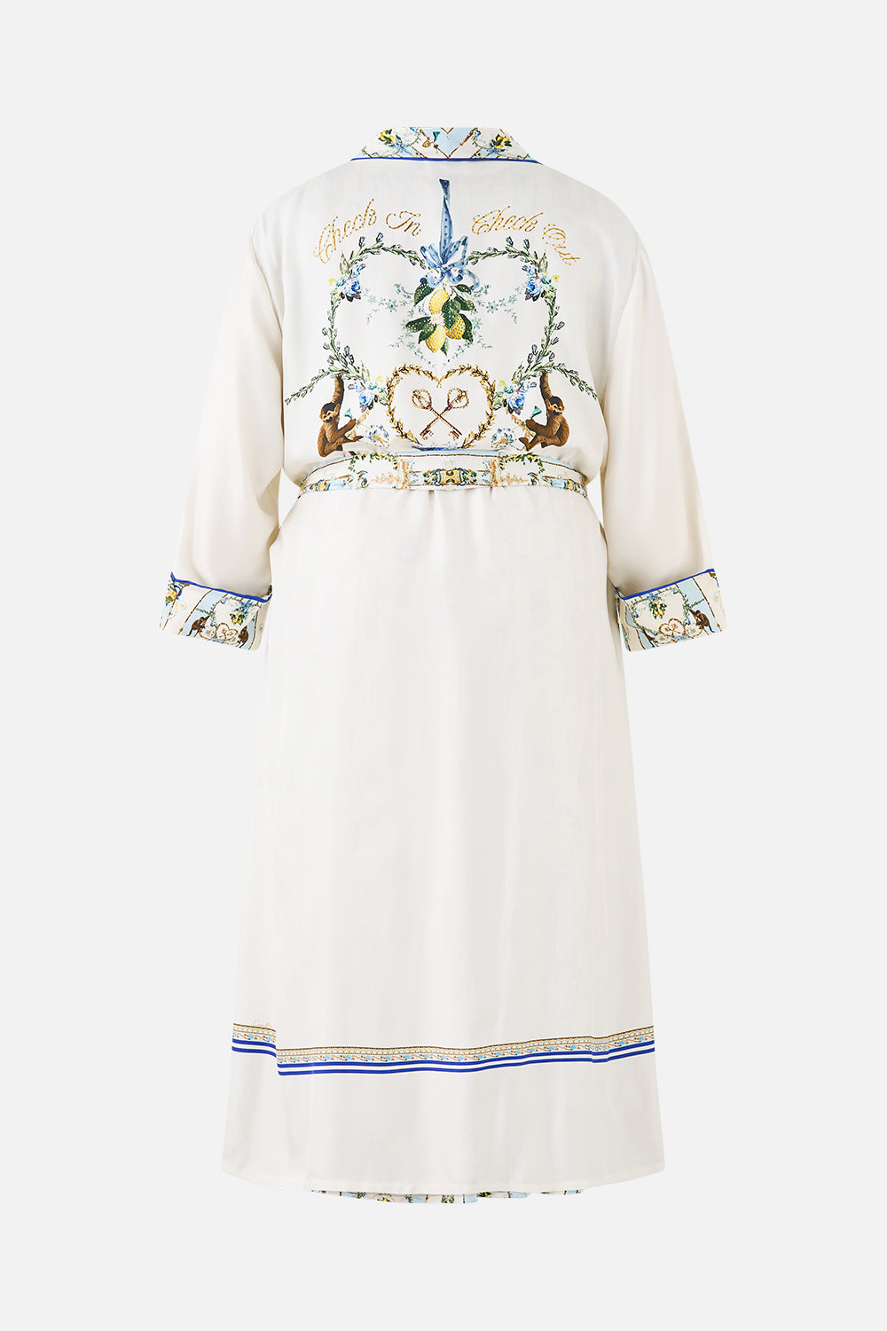 The CAMILLA TIE SLEEVE SHORT V NECK KAFTAN JUST COASTING in our  print.