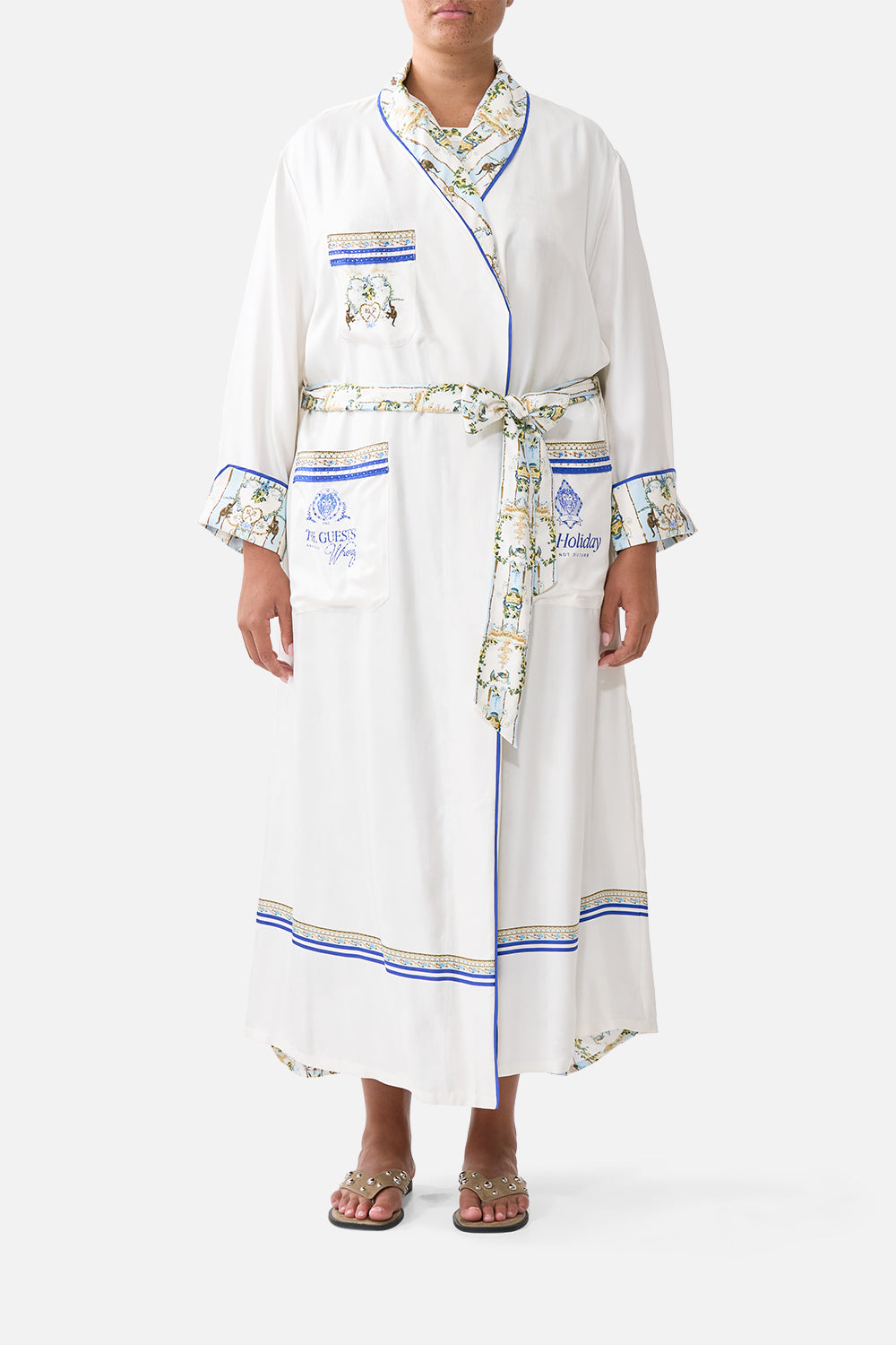 The CAMILLA TIE SLEEVE SHORT V NECK KAFTAN JUST COASTING in our  print.