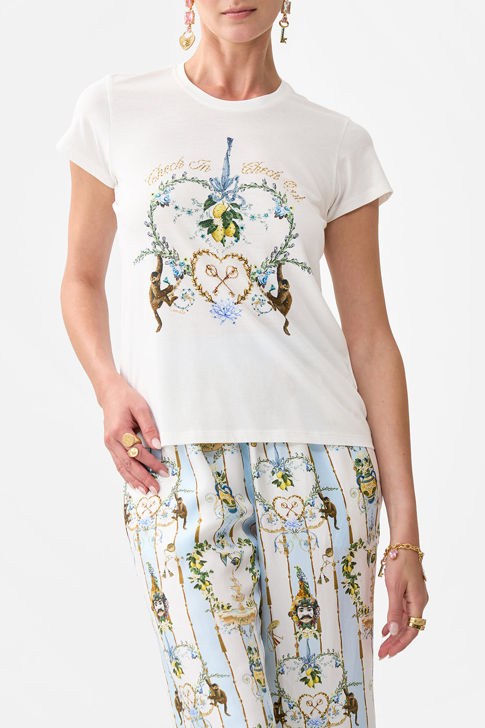 The CAMILLA SLIM FIT ROUND NECK T-SHIRT NOTES FROM THE ROAD in our  print.