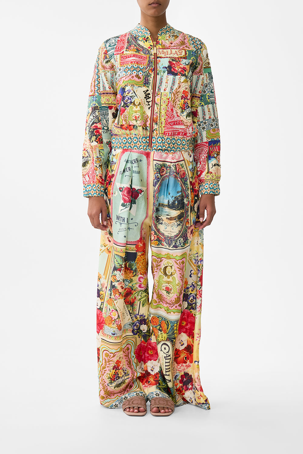 The CAMILLA FLARED SLEEVE DRESS TILED IN TIME in our  print.