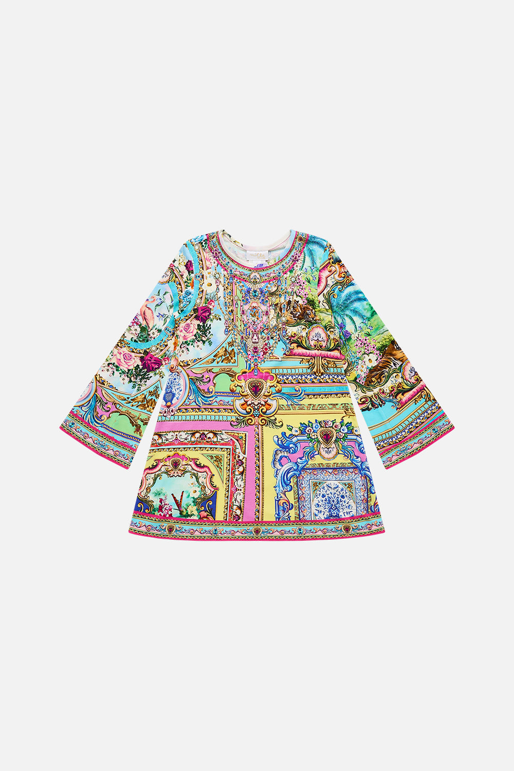 The CAMILLA EYELET WRAP MINI SKIRT WITH TIE WAIST SPIRIT OF SANTA MARIA in our SPIRIT OF SANTA MARIA print.