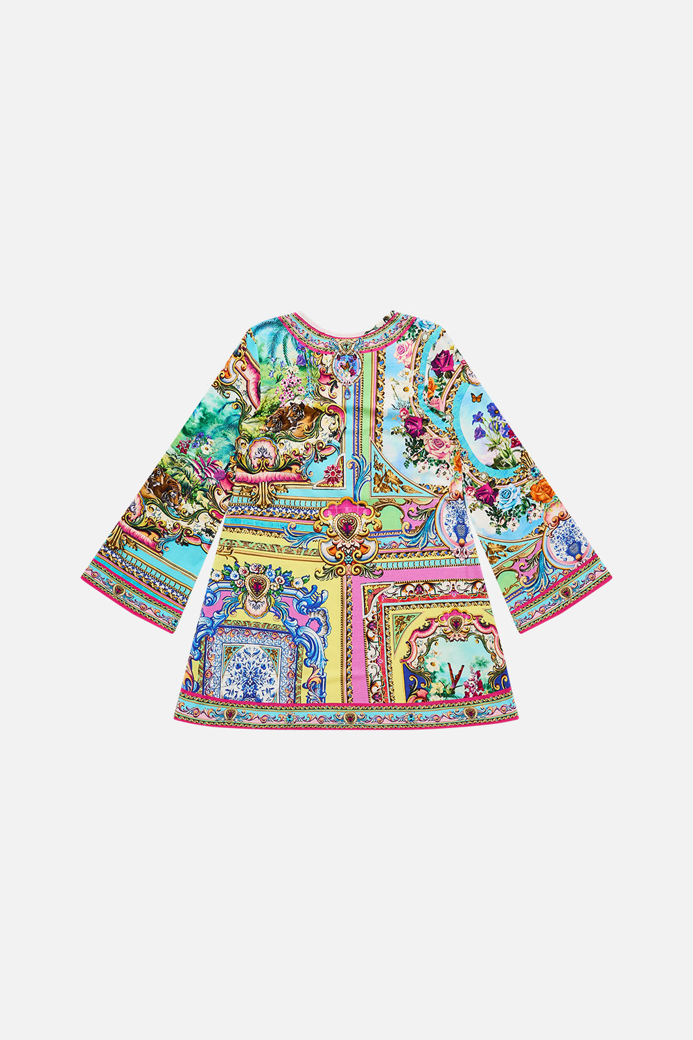The CAMILLA EYELET WRAP MINI SKIRT WITH TIE WAIST SPIRIT OF SANTA MARIA in our  print.