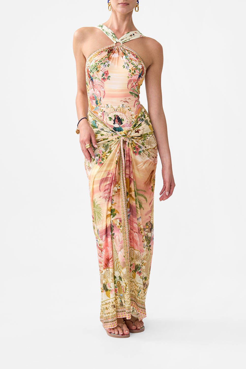 The CAMILLA OFF SHOULDER LONG PUFF DRESS FLOWER SHOWERS in our  print.