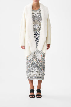 The CAMILLA Knit Relaxed Layer With Faux Fur in our Marble Heaven print.