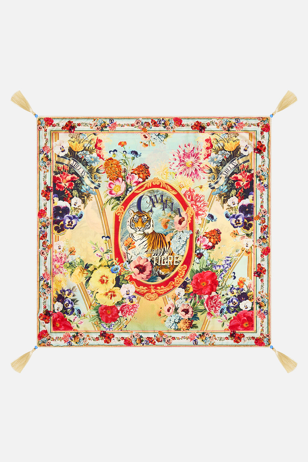 The CAMILLA Large Square Cushion in our Aromatic Tiger Flower print.