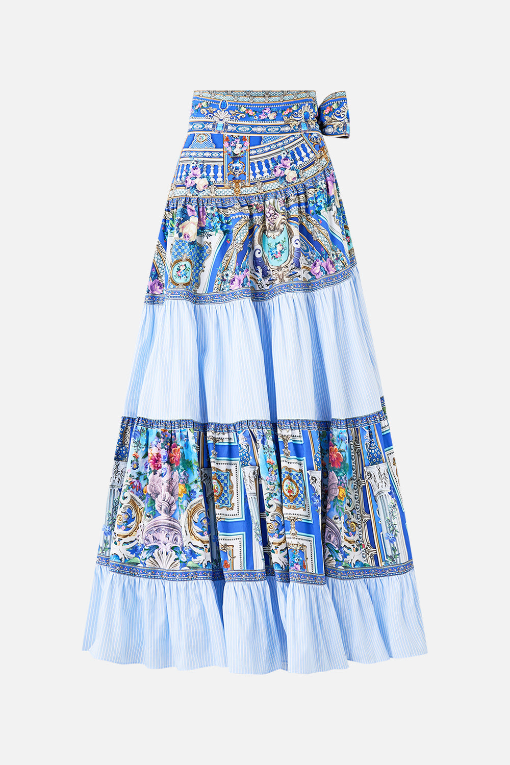 The CAMILLA WAISTED DRESS WITH HEM RUFFLE THE BOSPHOROUS in our  print.