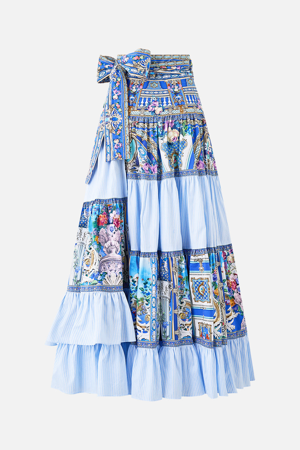 The CAMILLA WAISTED DRESS WITH HEM RUFFLE THE BOSPHOROUS in our  print.
