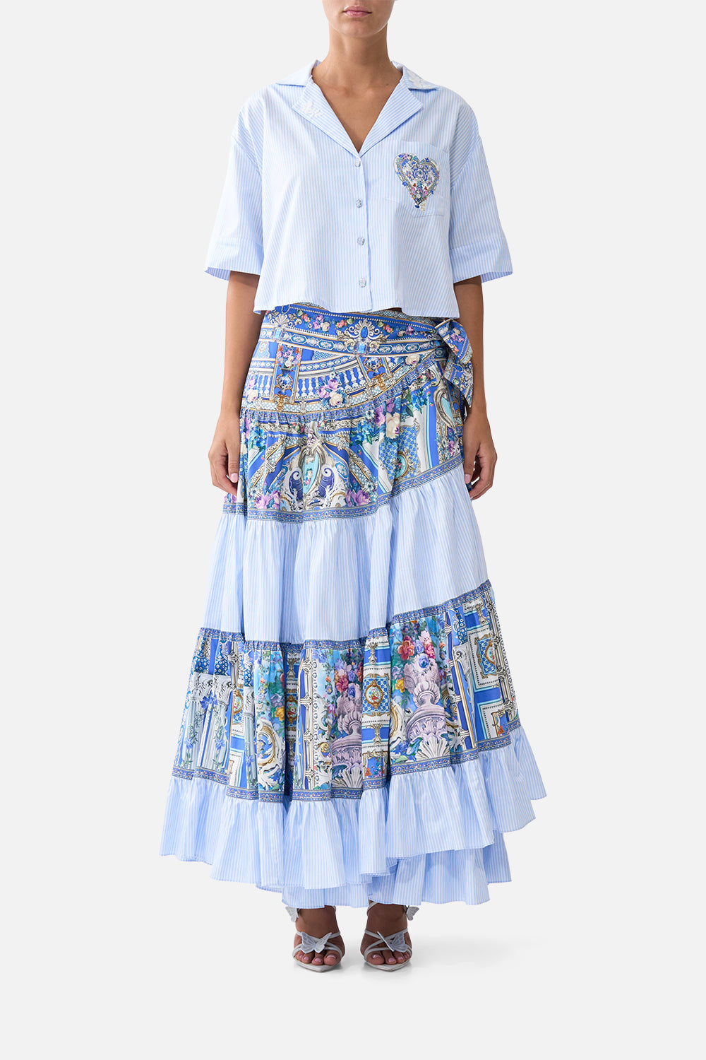 The CAMILLA V-NECK LONG BIAS SLIP DRESS WITH TRAIN THE BOSPHOROUS in our  print.