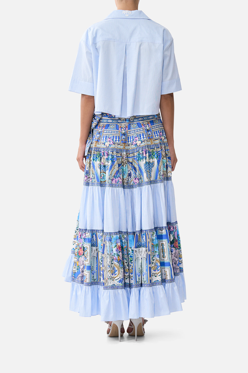The CAMILLA WAISTED DRESS WITH HEM RUFFLE THE BOSPHOROUS in our THE BOSPHOROUS print.