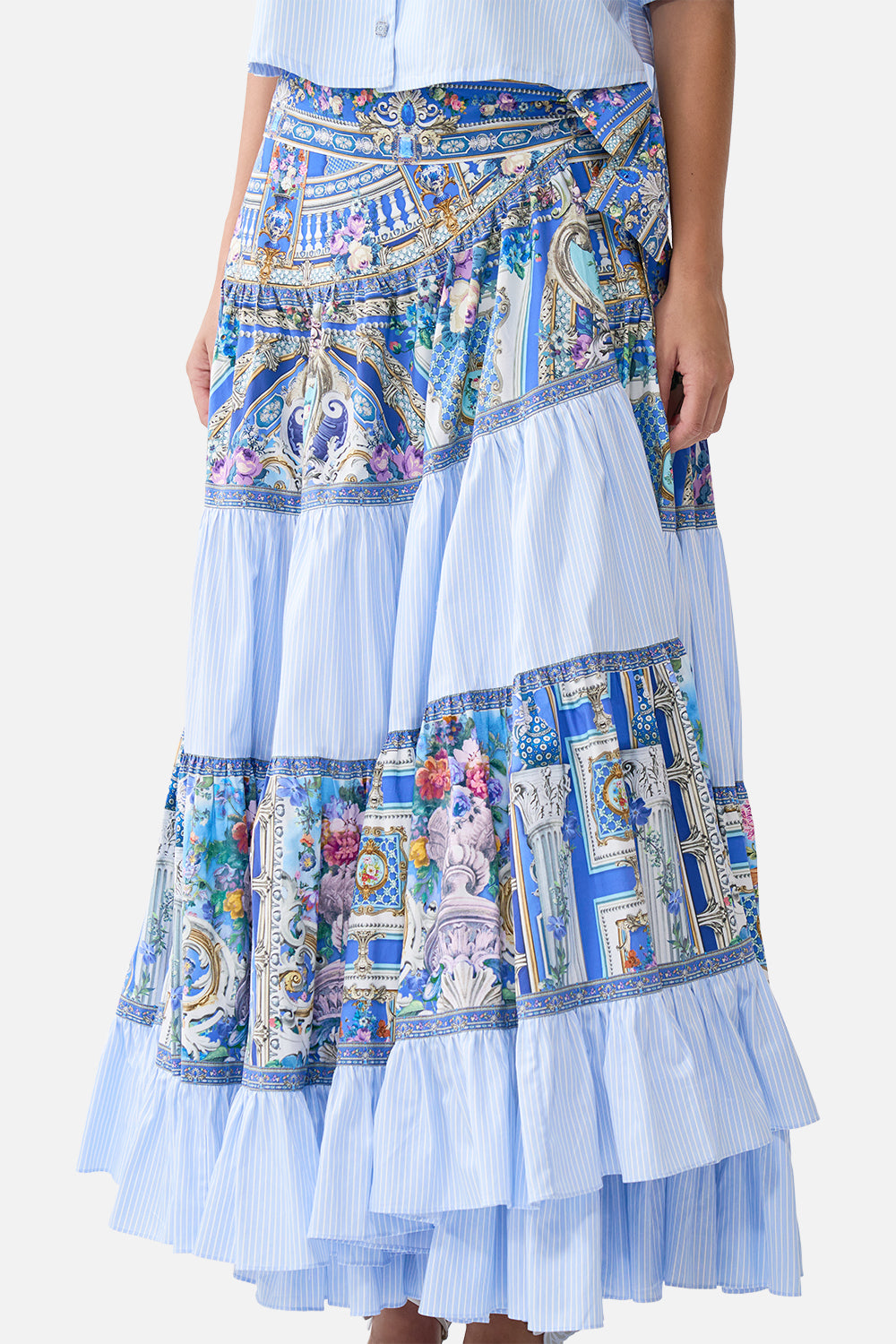 The CAMILLA WAISTED DRESS WITH HEM RUFFLE THE BOSPHOROUS in our  print.