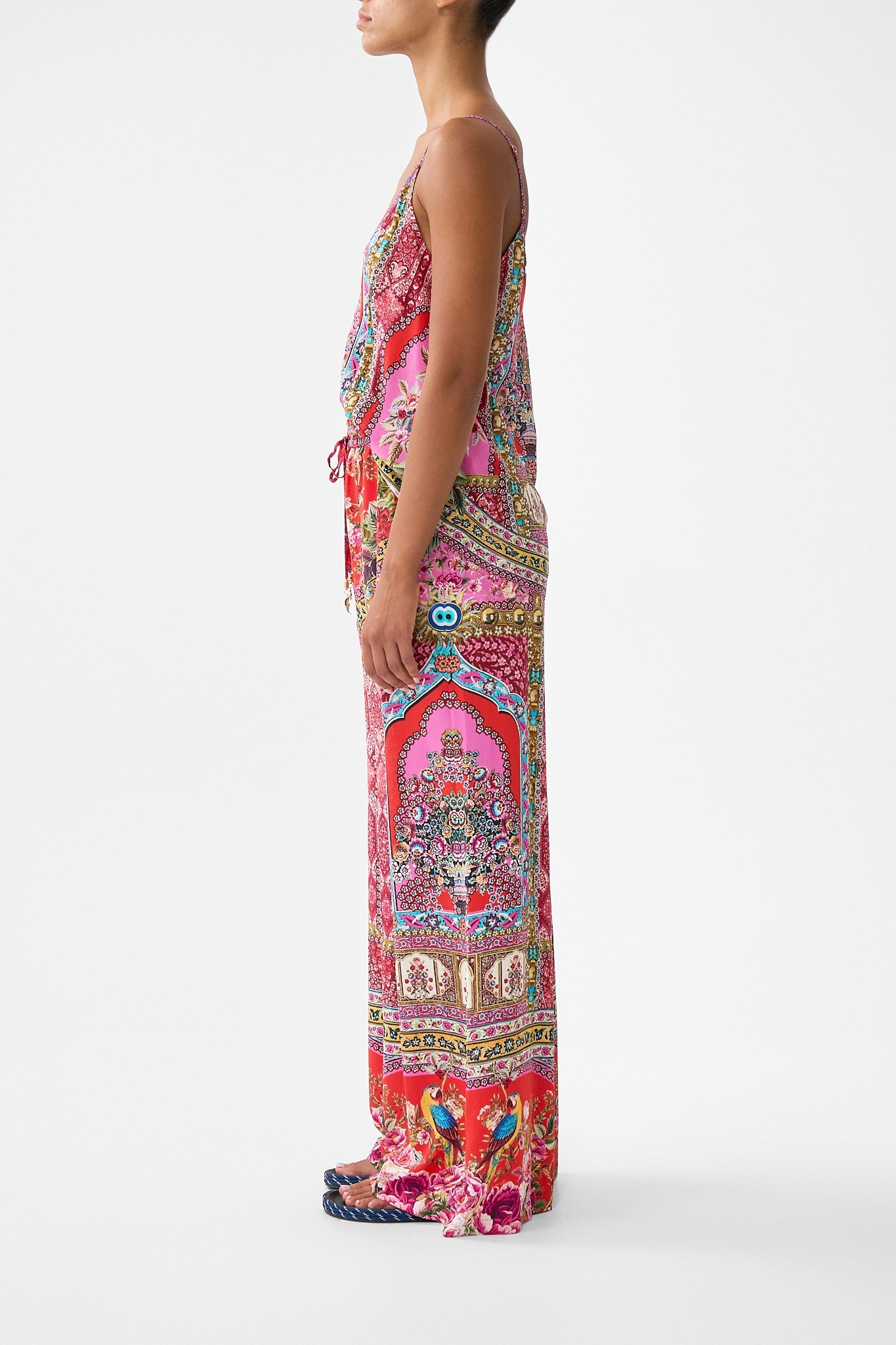 The CAMILLA WOVEN SHORT SARONG WITH MACRAME TIE WAIST FABRIC OF TIME in our  print.