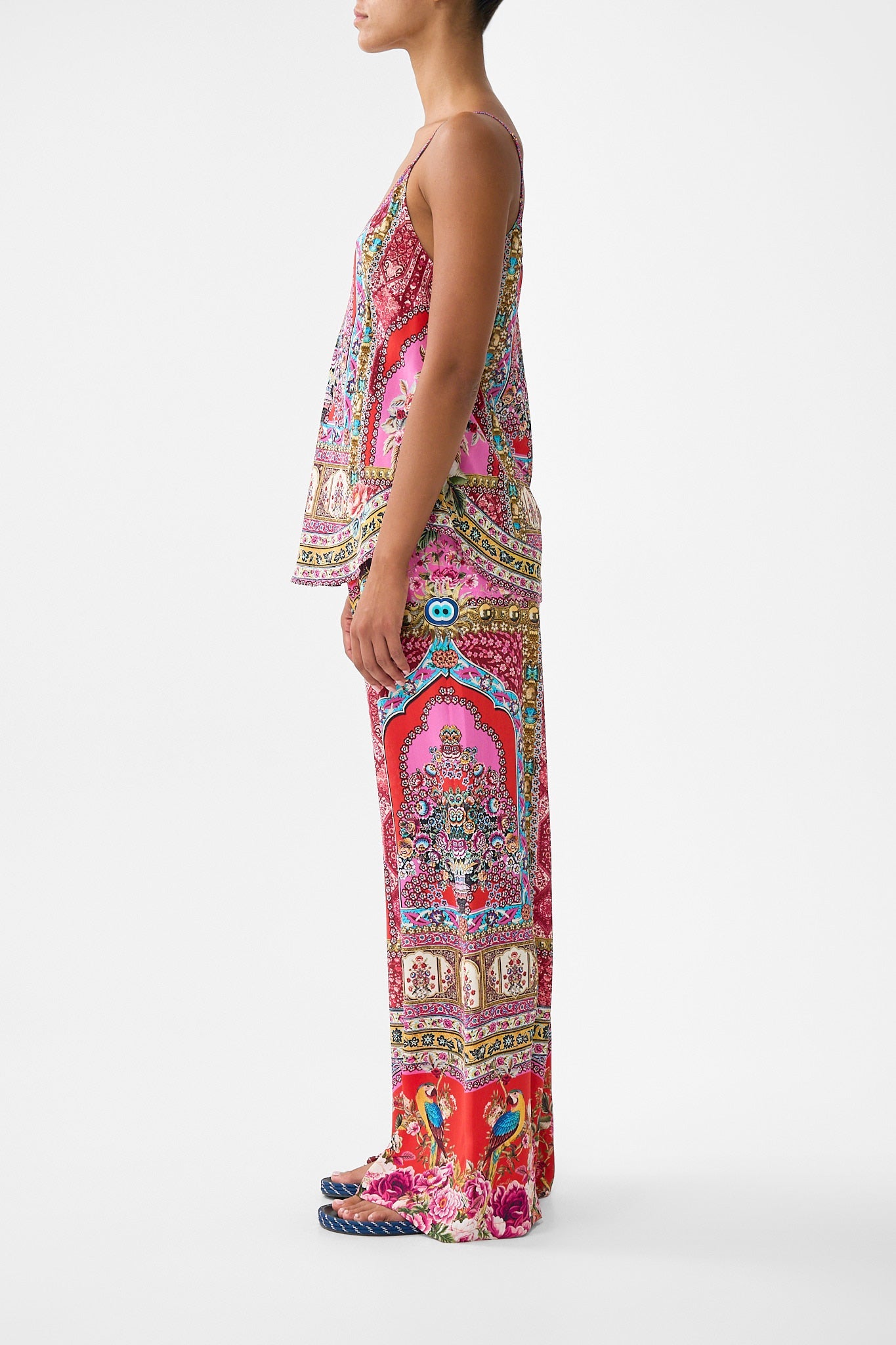 The CAMILLA FRONT SPLIT BEACH MAXI DRESS WITH CHAIN FELINE FOLKLORE in our  print.