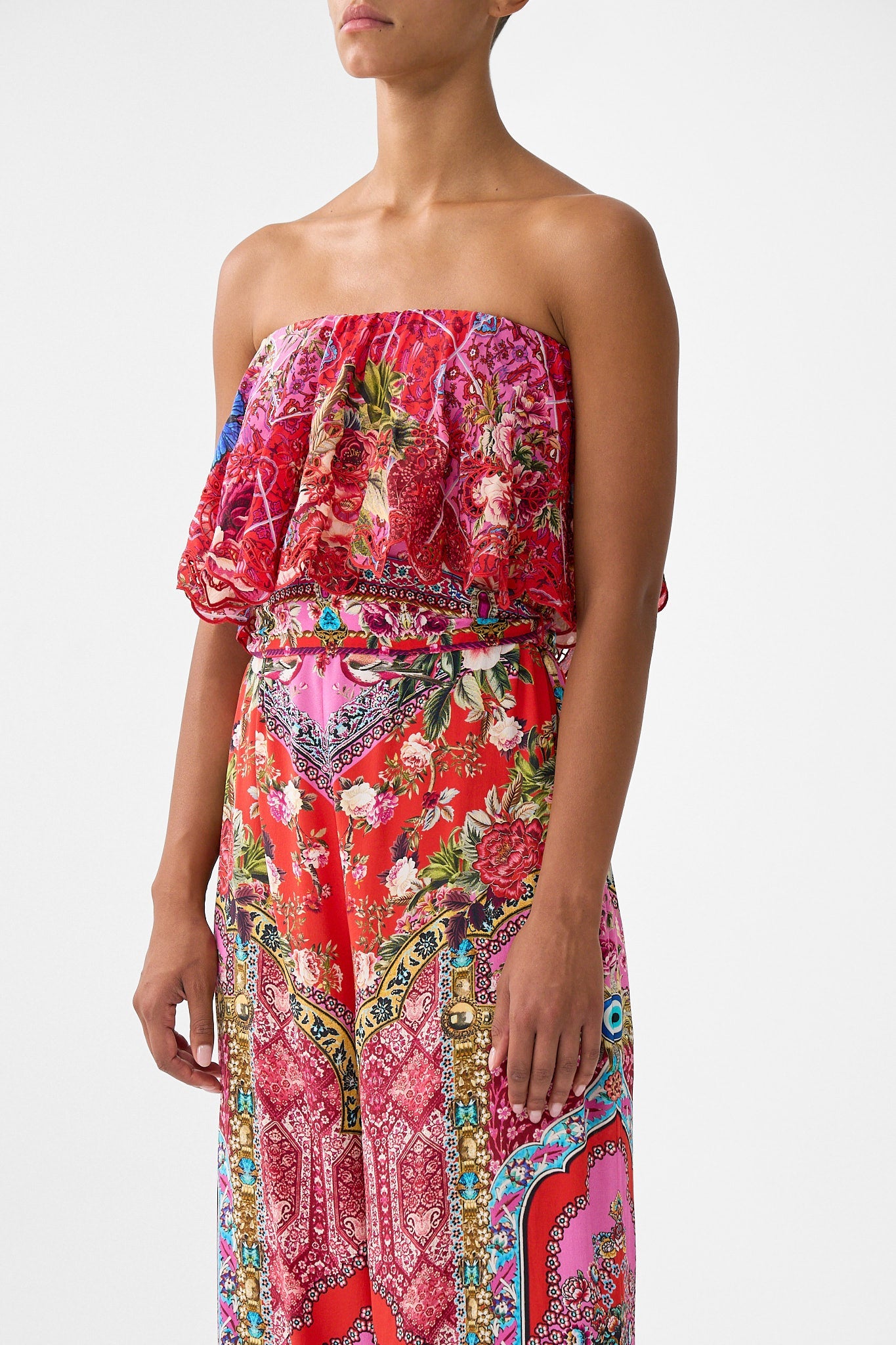 The CAMILLA V-NECK FULL LENGTH BIAS SLIP DRESS BODRUM BOTANICALS in our BODRUM BOTANICALS print.