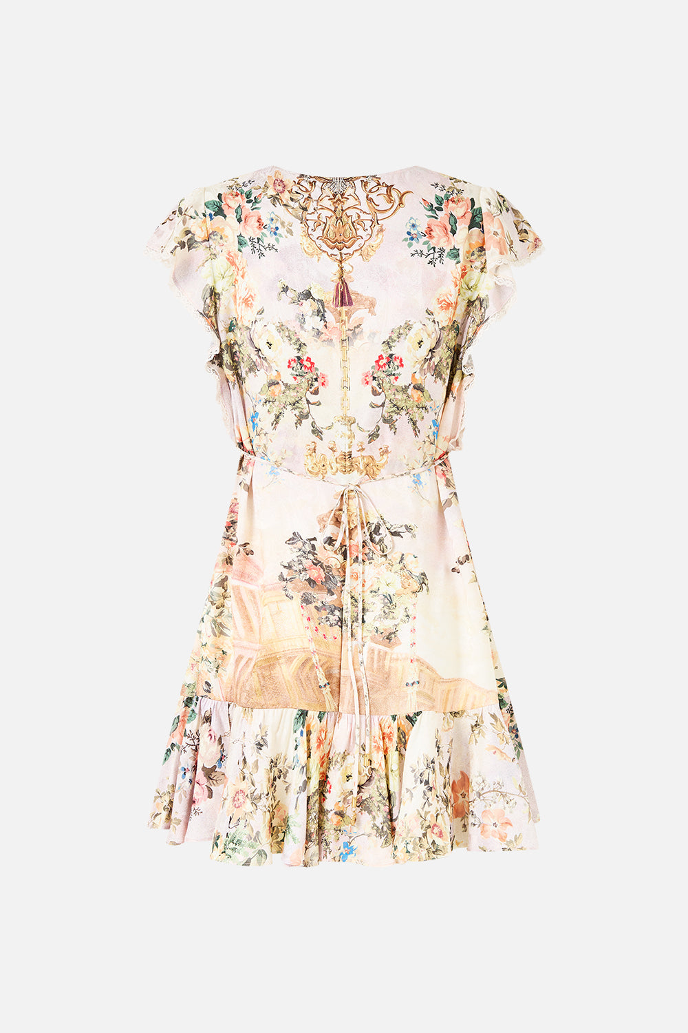 The CAMILLA ruffle sleeve short dress from our print twilight in Istanbul, back product view