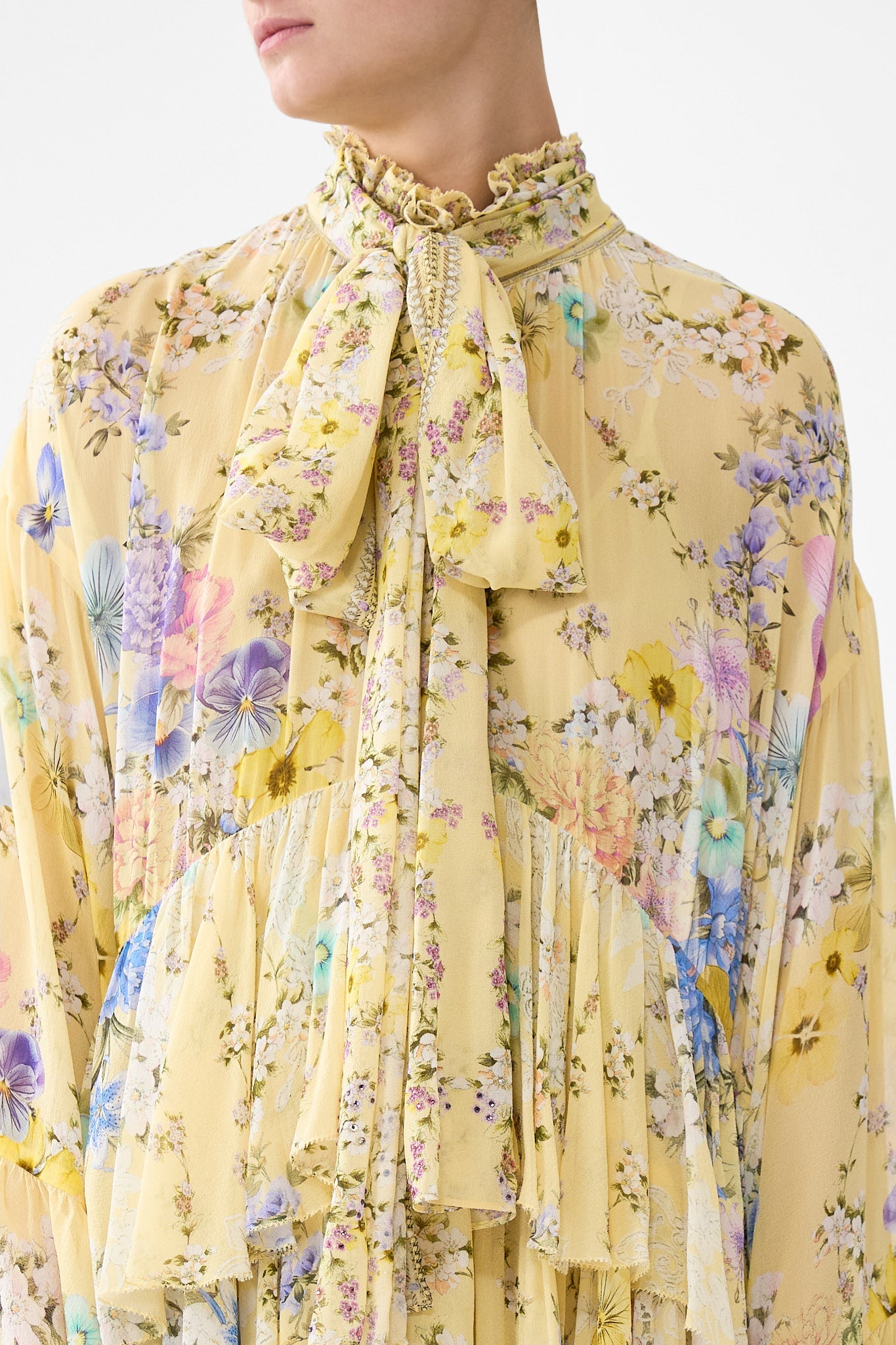 The CAMILLA DRAPED JUMPSUIT WITH STRAPS BODRUM BOTANICALS in our  print.