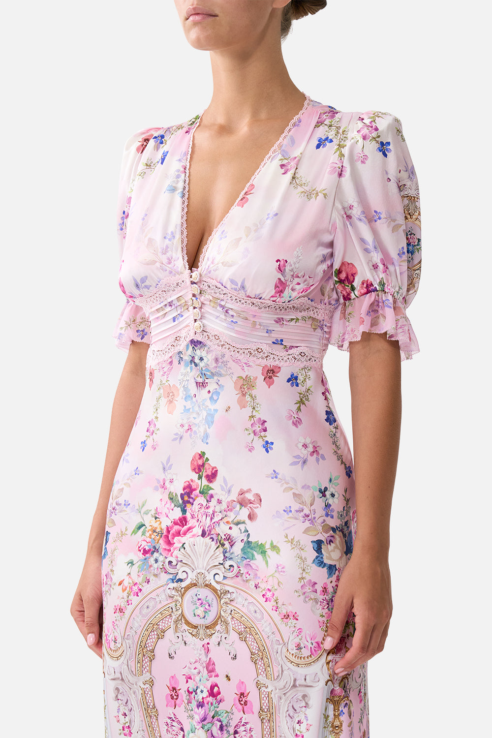 BIAS CUT MIDI DRESS WITH LACE INSERT PALATIAL PASTELS