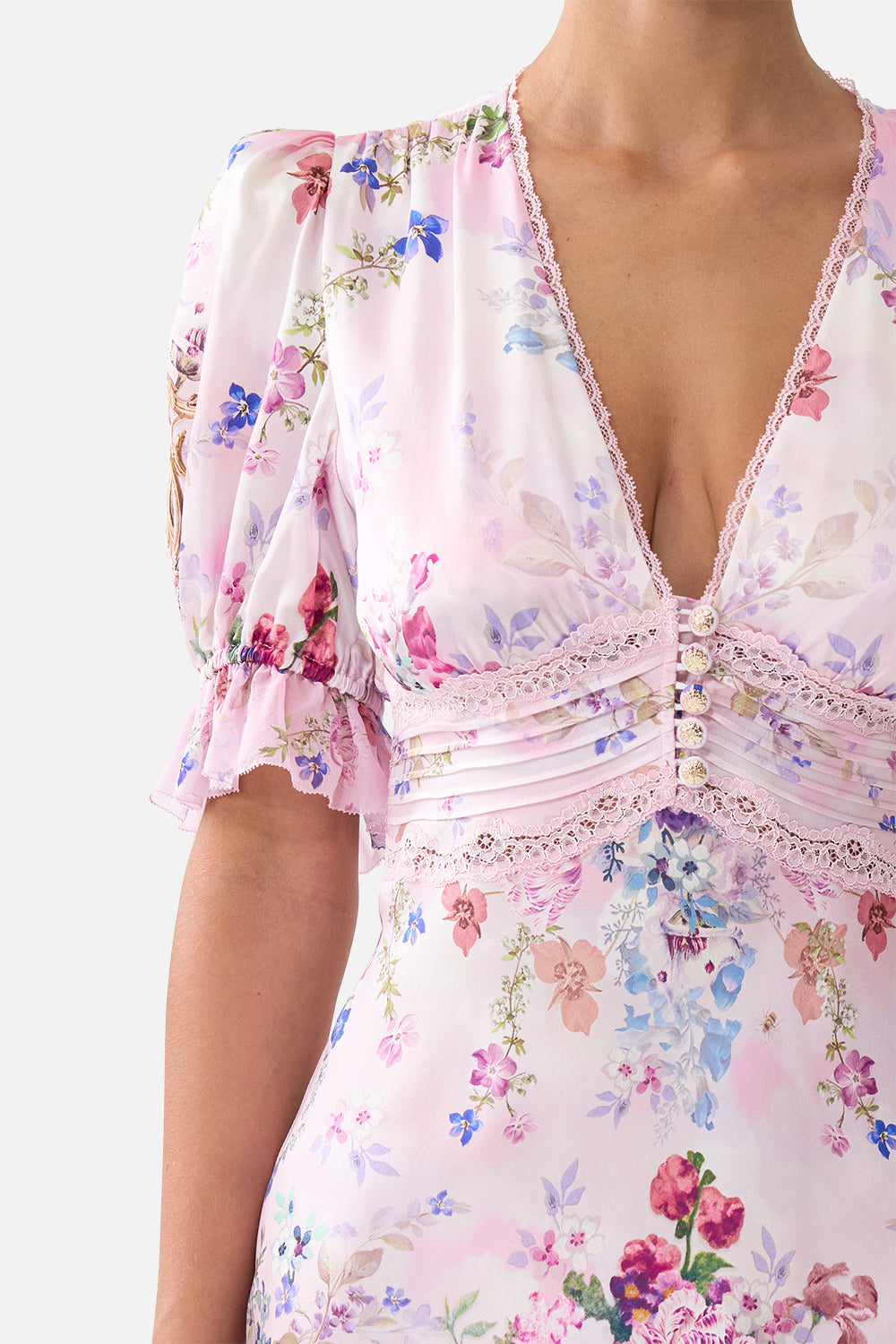 BIAS CUT MIDI DRESS WITH LACE INSERT PALATIAL PASTELS