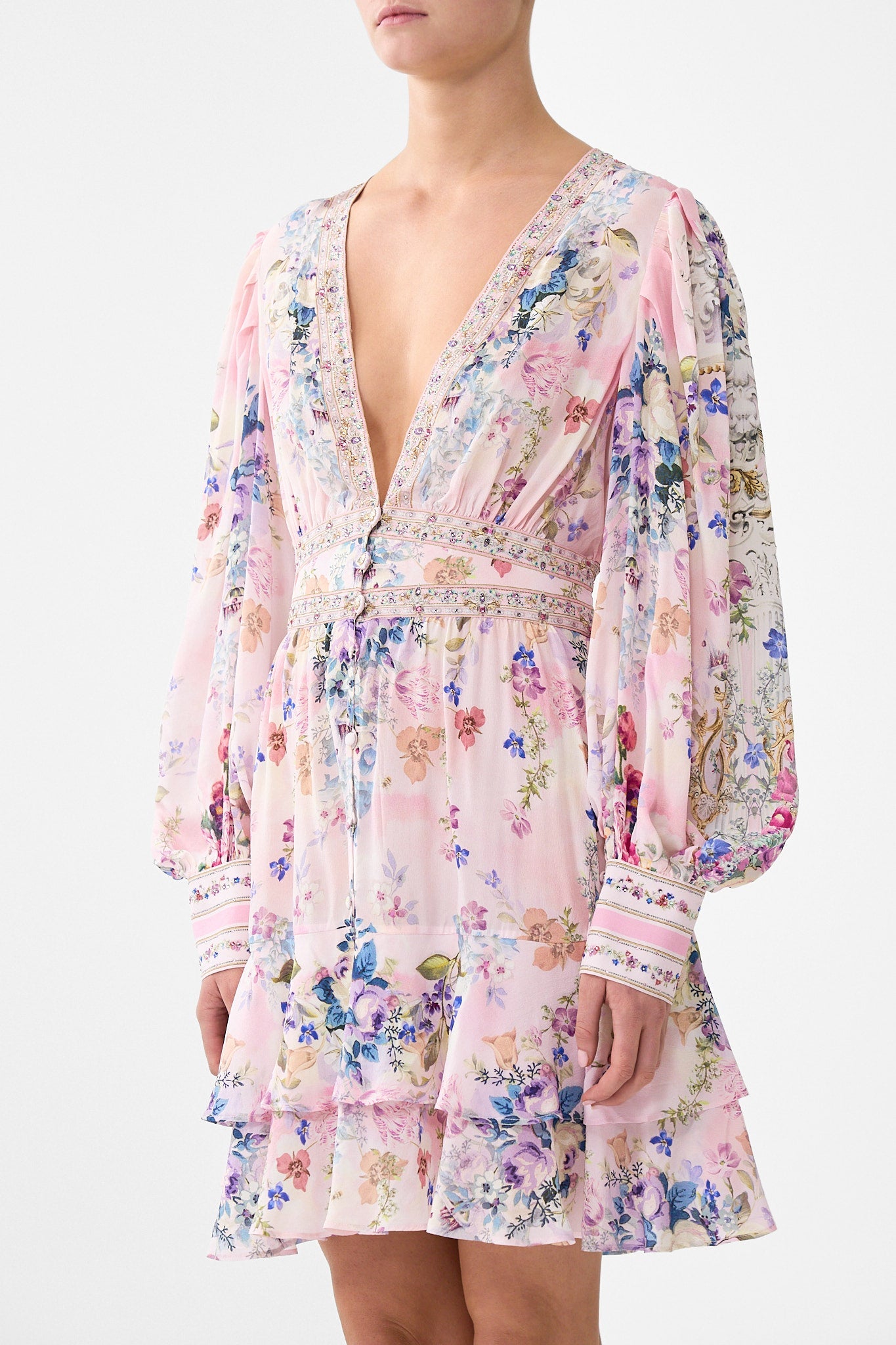 The CAMILLA TIE WAIST STRAPLESS JUMPSUIT MINIATURE MOMENTS in our  print.