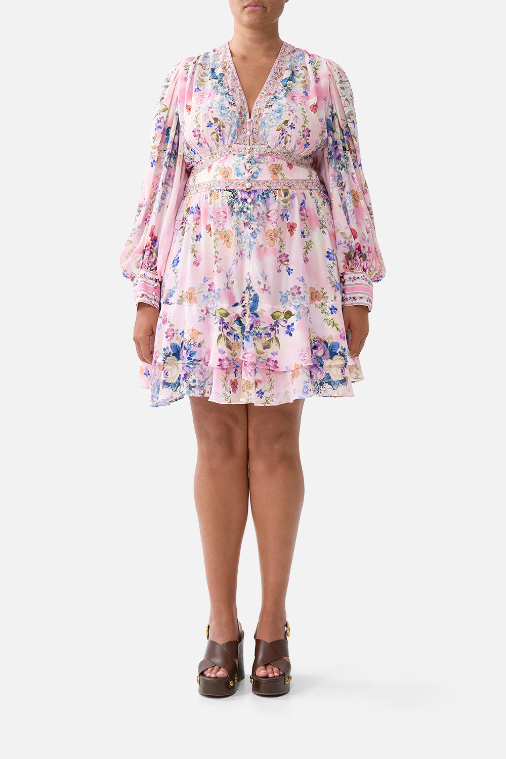 BUTTON FRONT FRILL DRESS PALATIAL PASTELS