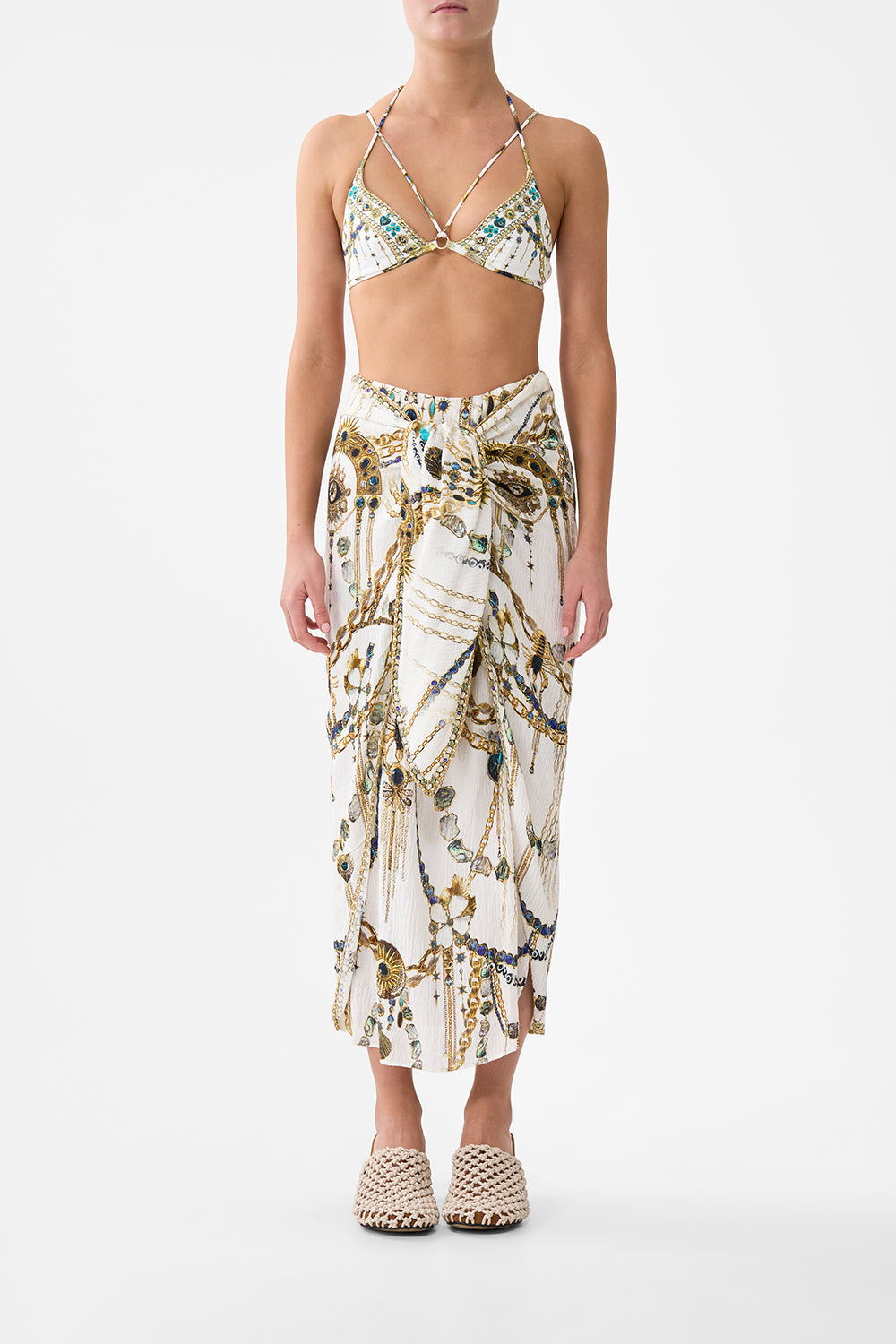 The CAMILLA DEEP COWL PLUNGE DRESS HEIRLOOM EMPIRE in our  print.