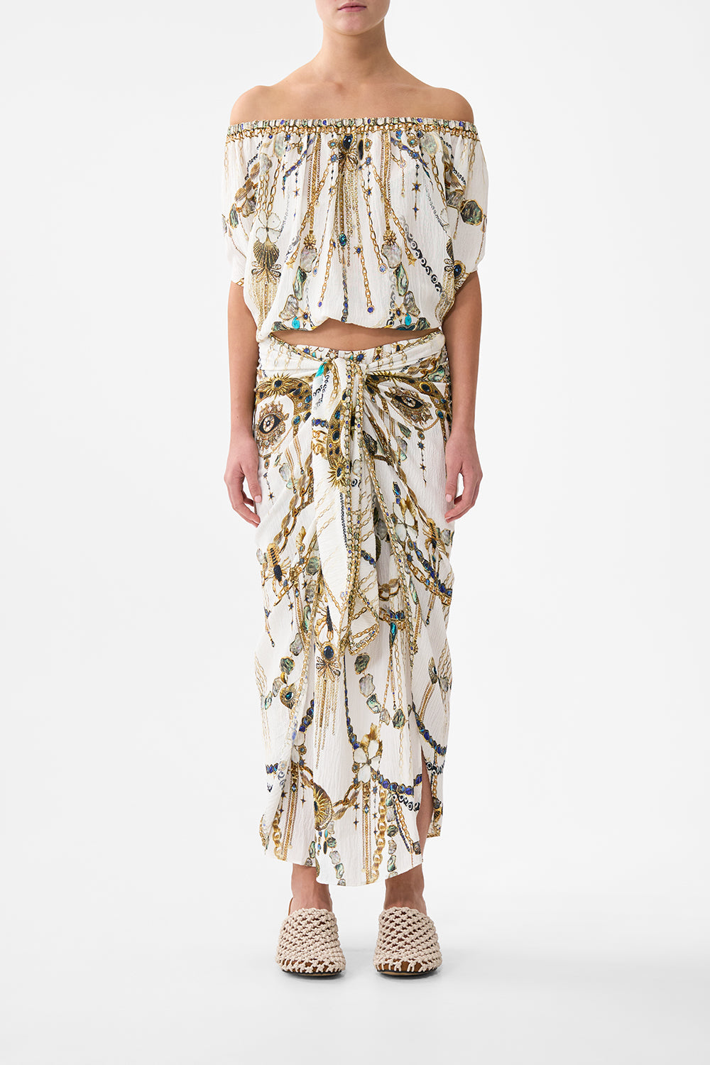 The CAMILLA V-NECK FULL LENGTH BIAS SLIP DRESS HEIRLOOM EMPIRE in our  print.