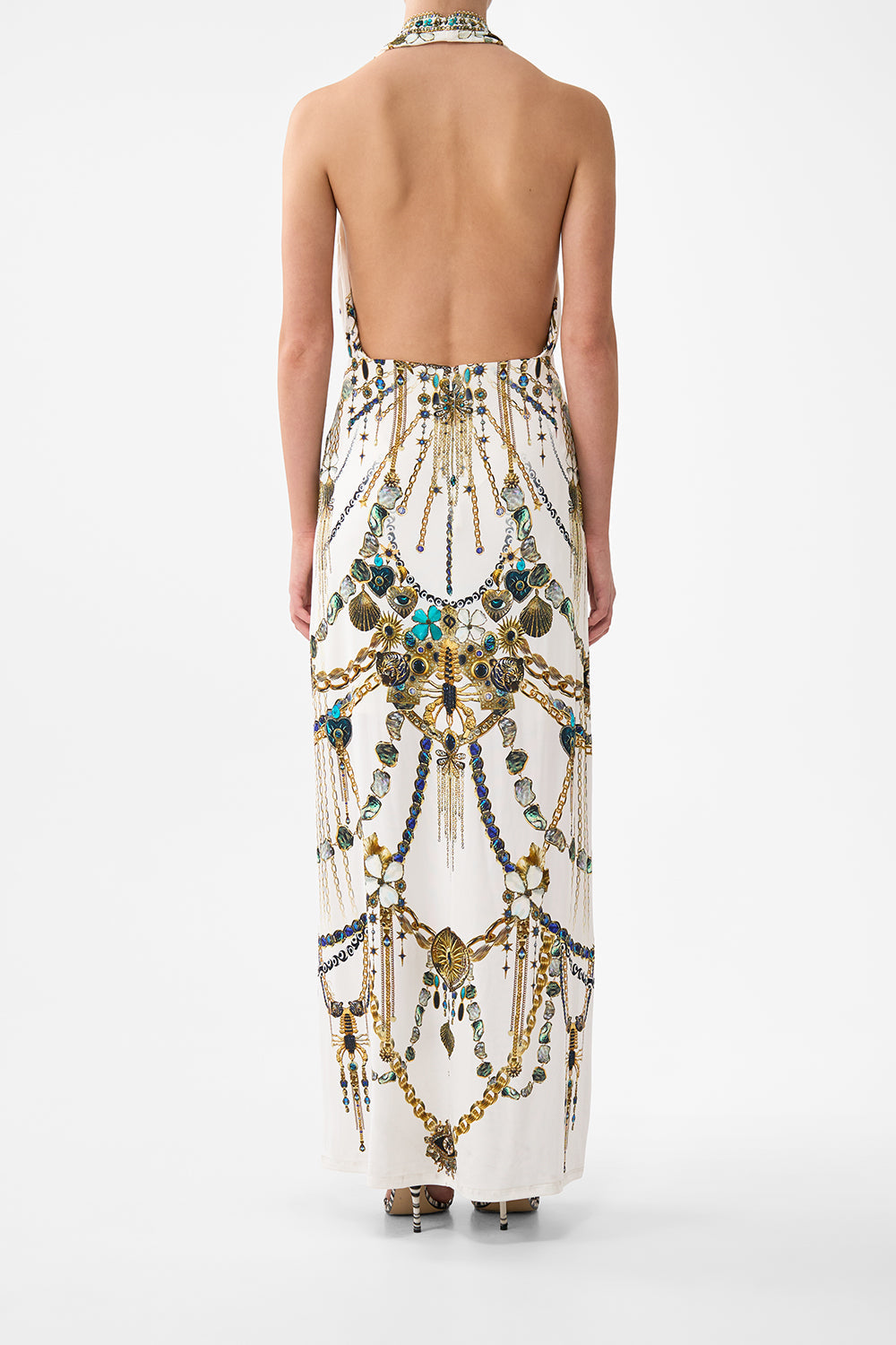 The CAMILLA deep cowl plunge dress from our print chain gang, back model view