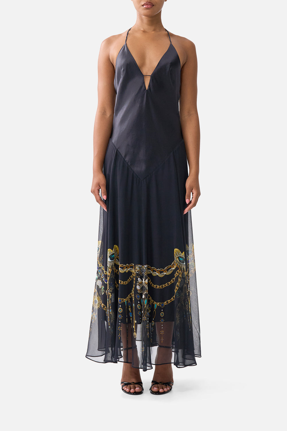 The CAMILLA LONG BUTTON FRONT DRESS TWILIGHT IN ISTANBUL in our TWILIGHT IN ISTANBUL print.