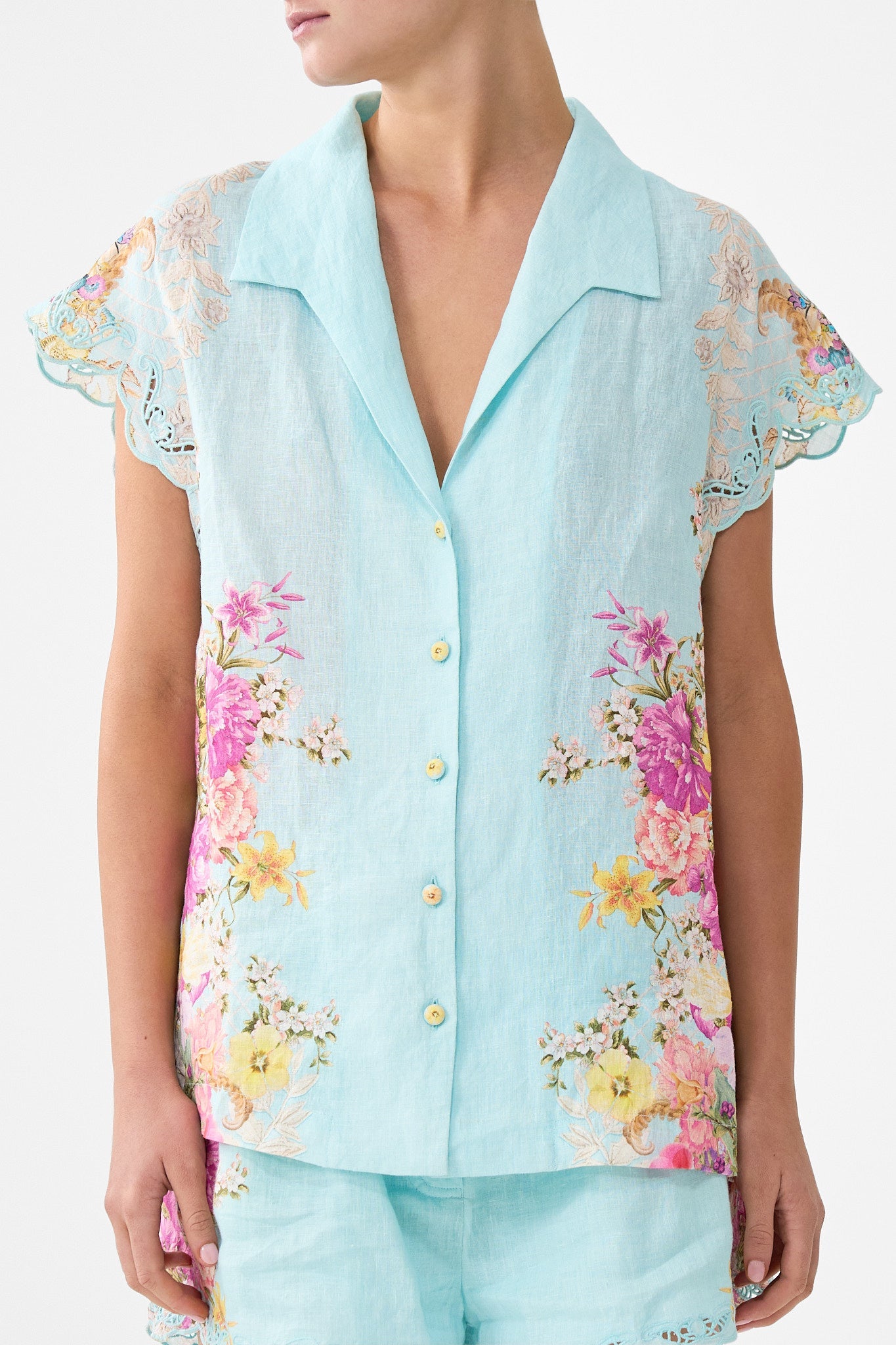 The CAMILLA WAIST TIE SHIRT DRESS DARLING BUDS in our  print.