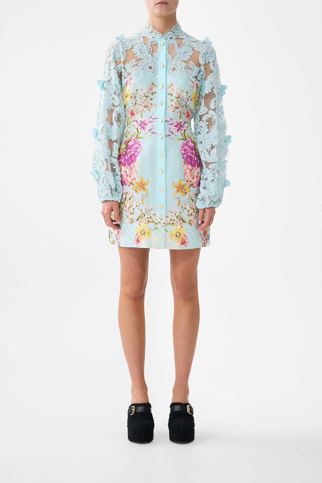The CAMILLA PUFF SLEEVE MIDI SHIRT DRESS WITH TIE BAZAAR BLOOMS in our  print.